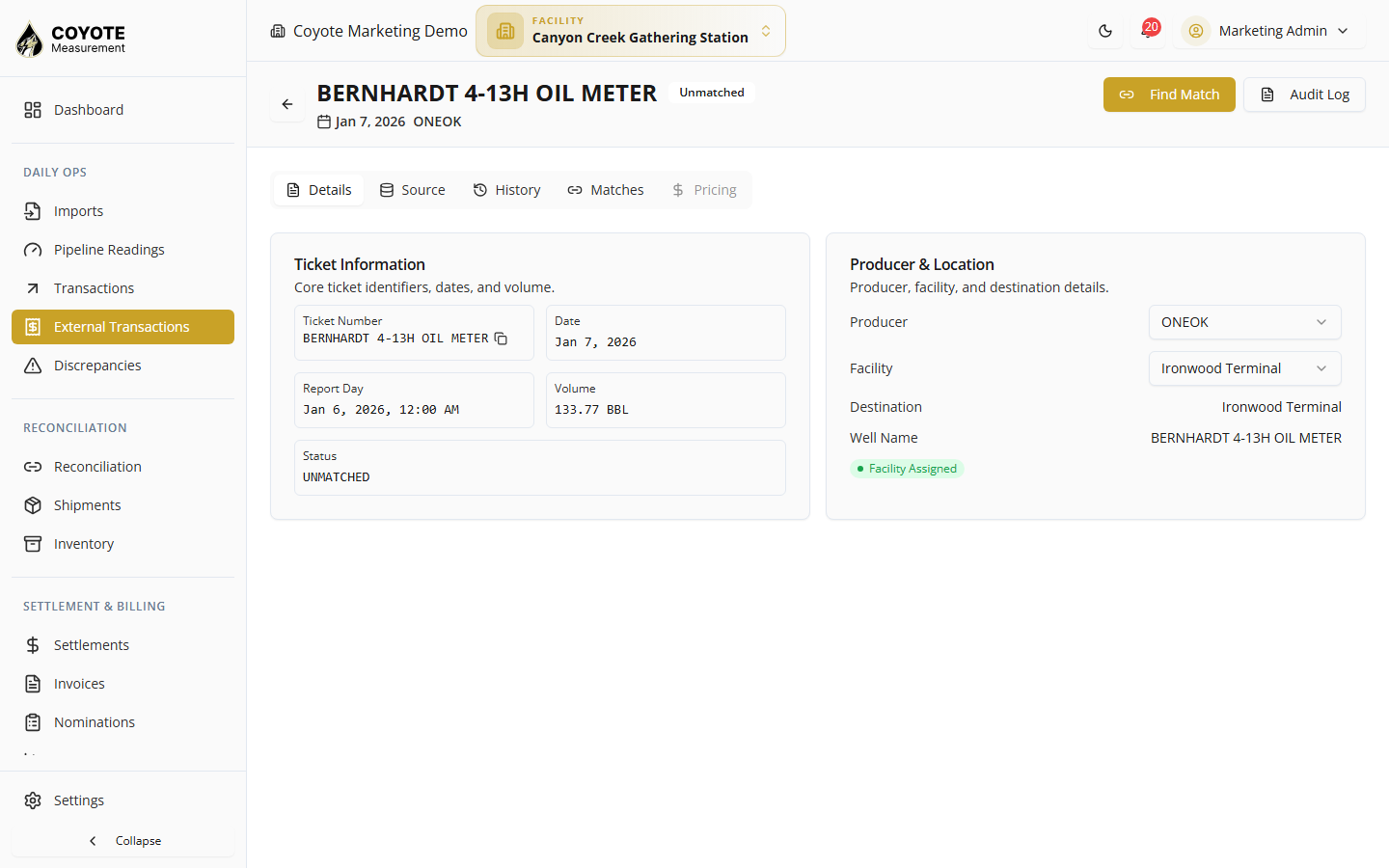 External transaction detail — ticket info, producer, and Find Match