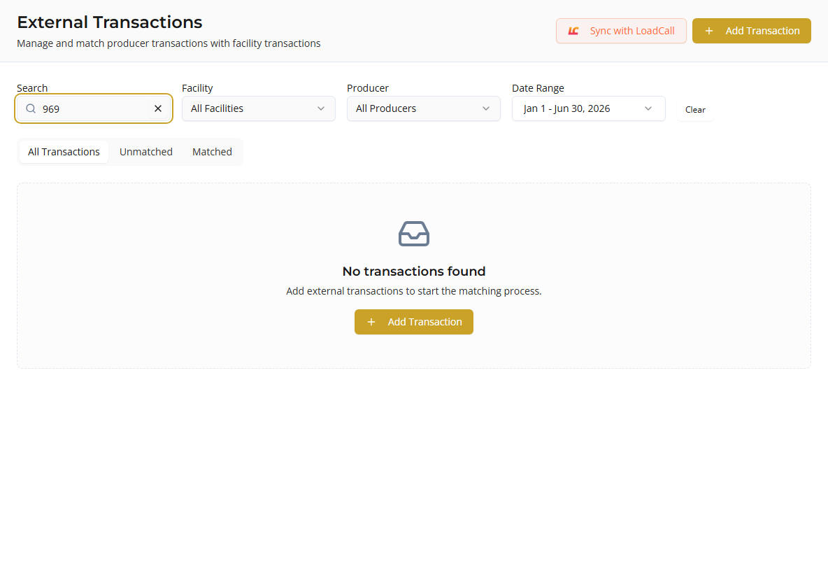 External Transactions list — tabs, filters, and sync actions