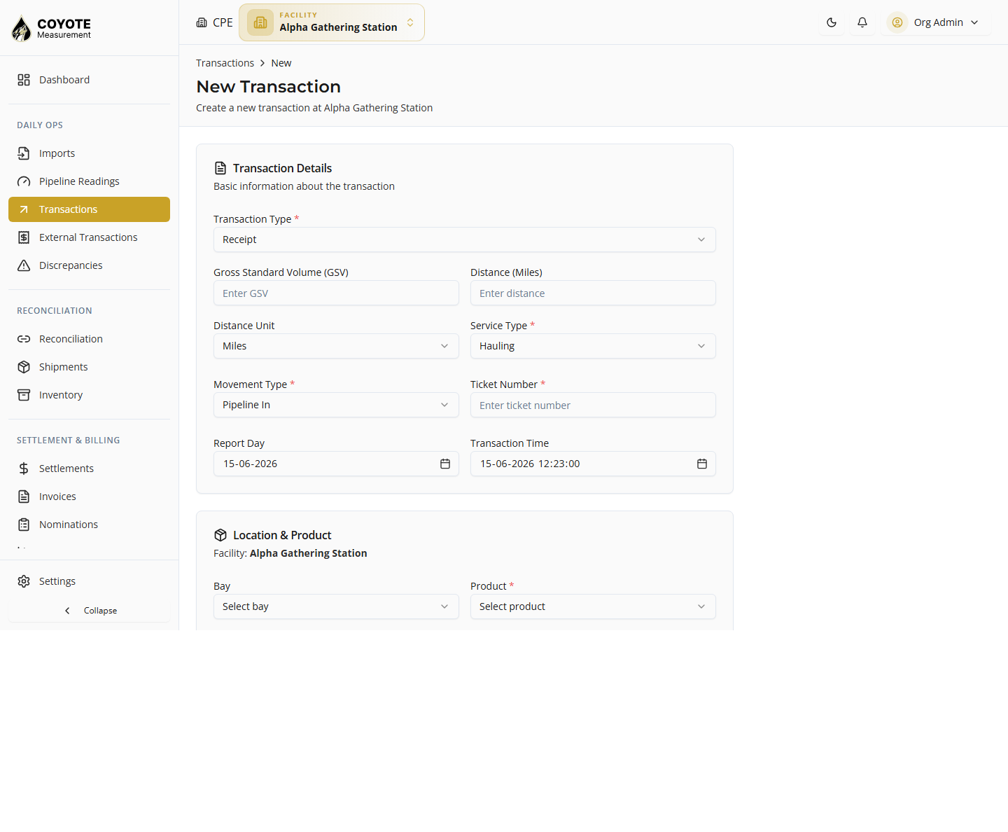 New Transaction form — transaction details and location fields