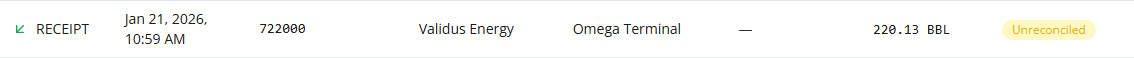 Transaction row — type, ticket, origin, destination, volume, and status