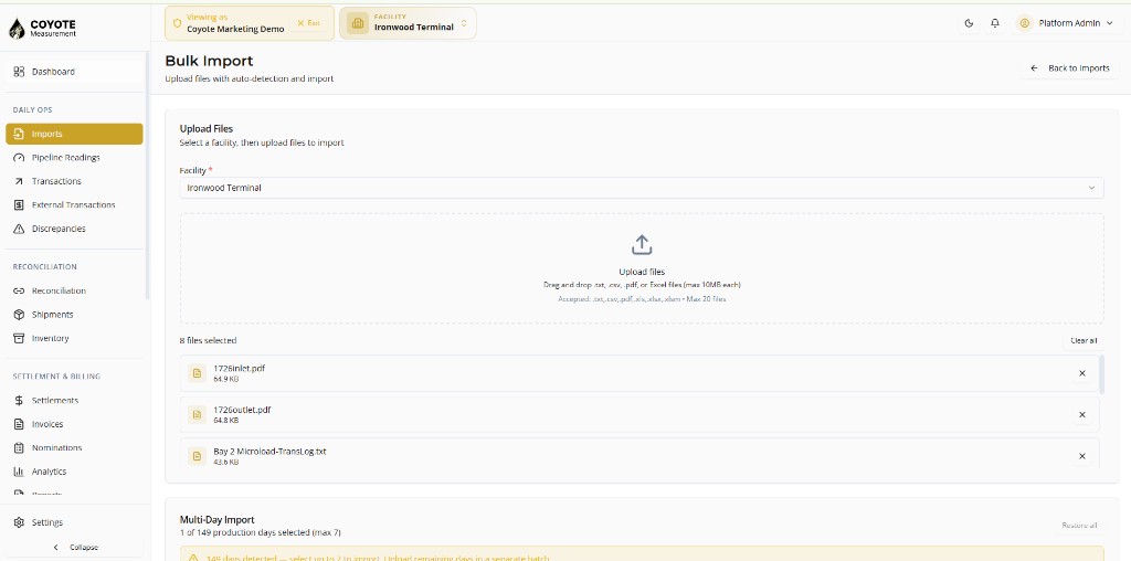 Bulk Import — facility selected and files added