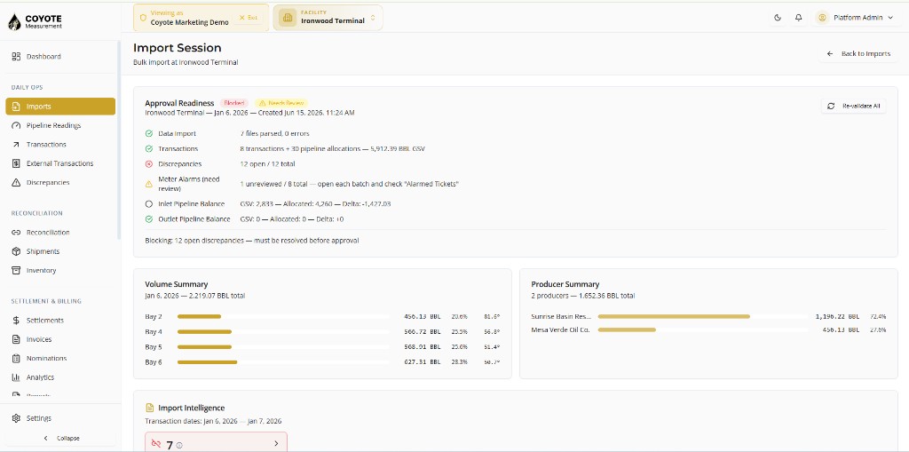 Import session page — approval readiness, volumes, and blocking issues