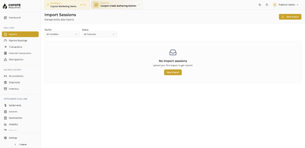 Import Sessions list with New Import button