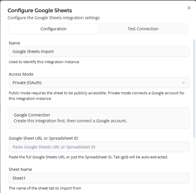 Configuration tab — private mode with Google Connection