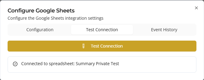 Test Connection result — fix access or sheet settings if the test pass