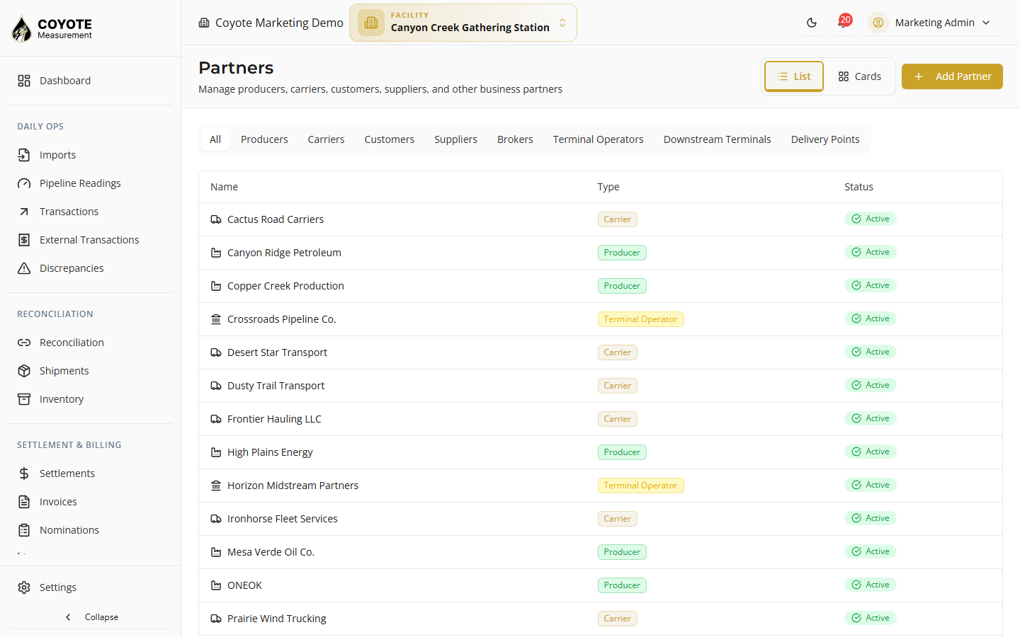 Partners list — open a partner to map QuickBooks entities