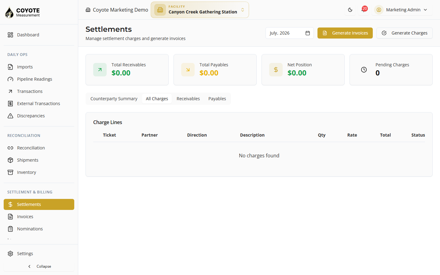 Settlements dashboard — Generate Charges, Generate Invoices, and Push to QuickBooks